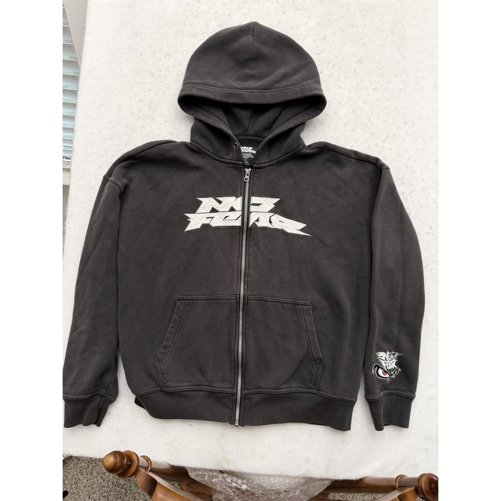 No Fear Hoodie Mens M Gray Full Zip Boxy Fit Graphic Logo Fleece Sweatshirt